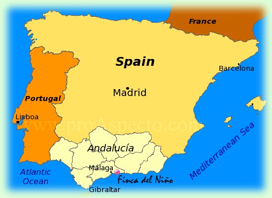 towards Andalucía Map of Spain with special details on Andalusia and Malaga