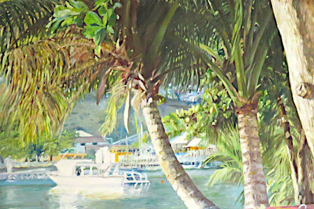 Watercolour painting Ship in bay by Doug Mays
